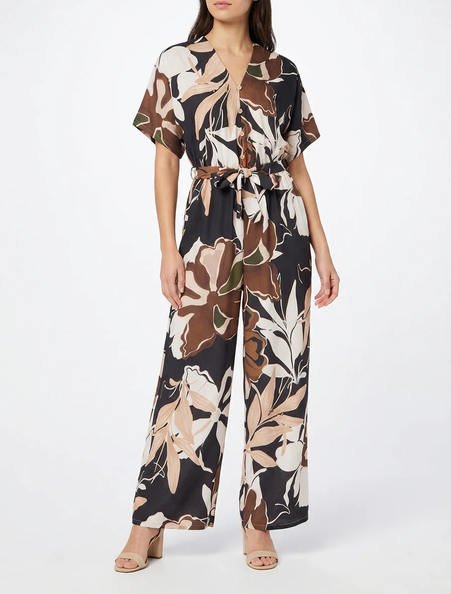 Combinaison imprimé floral à taille élastiquée - Noir - Image 4