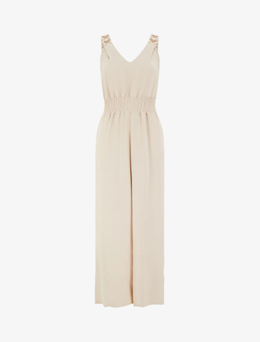 Combinaison unie à bretelles à motif coeurs - Beige
