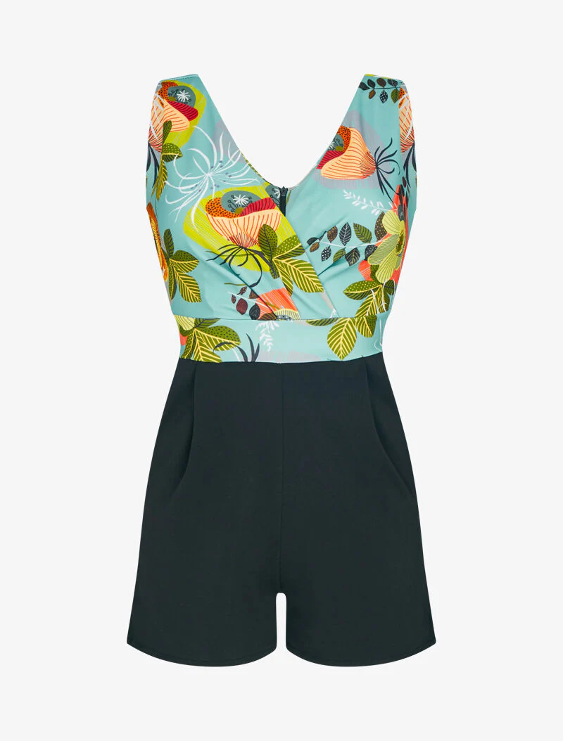 Combishort à buste imprimé floral - turquoise