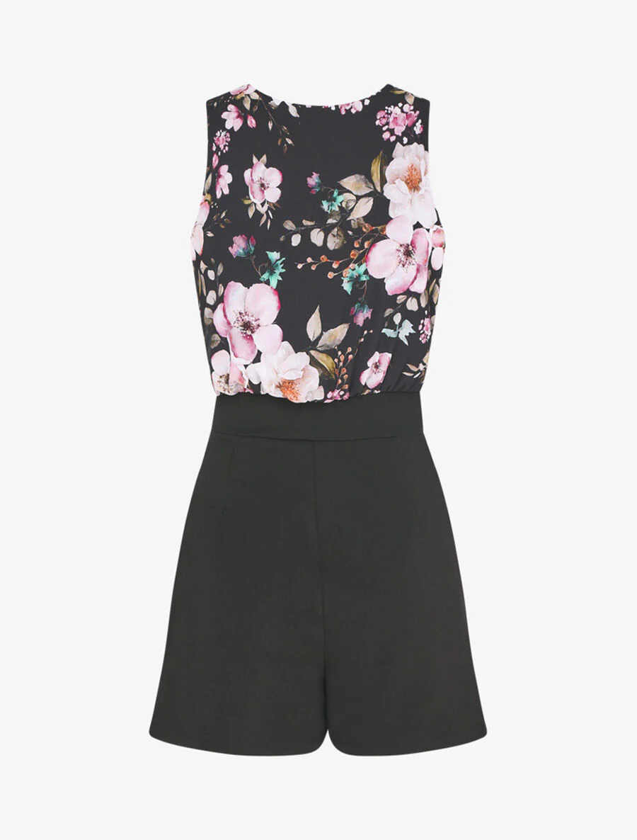 Combishort à buste imprimé floral - Noir/rose - Image 2