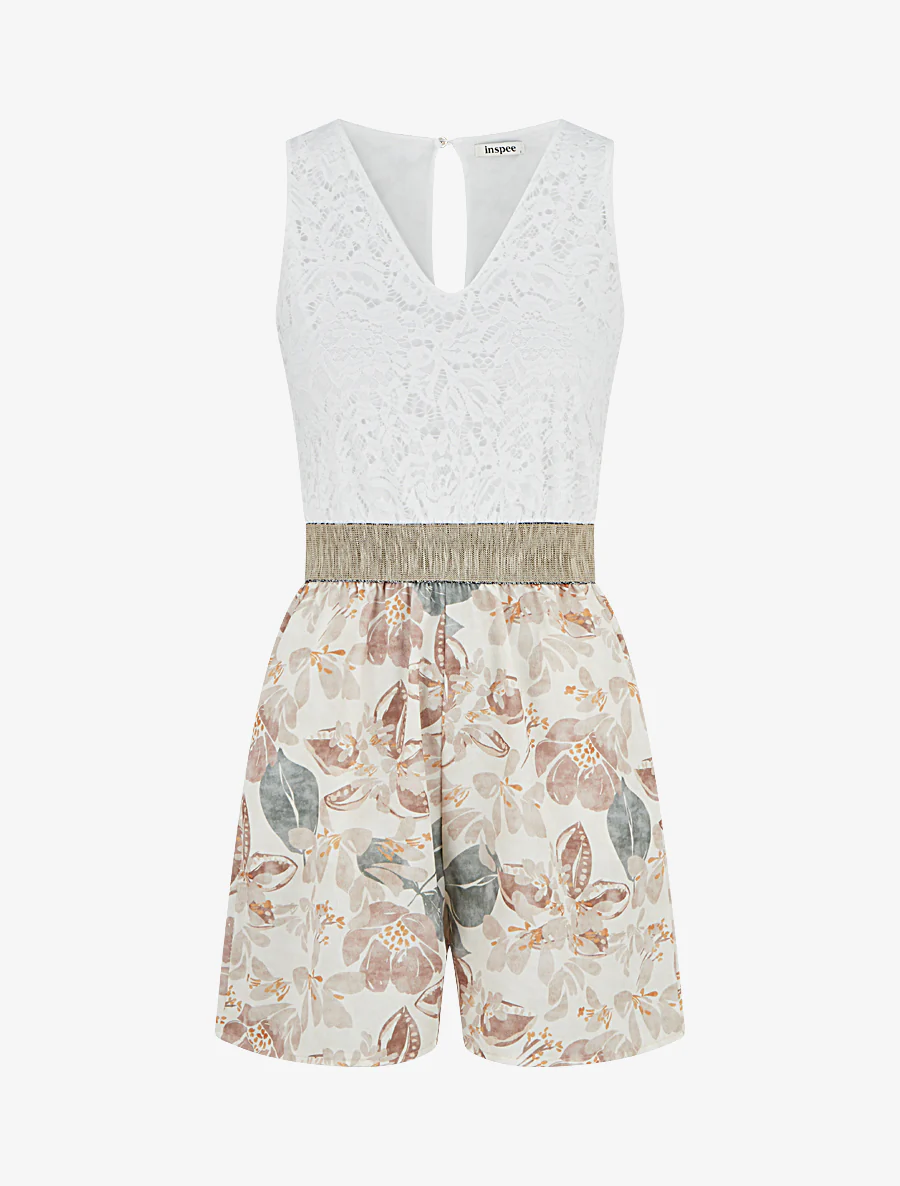Combishort à dentelle et imprimé fleuri - Beige