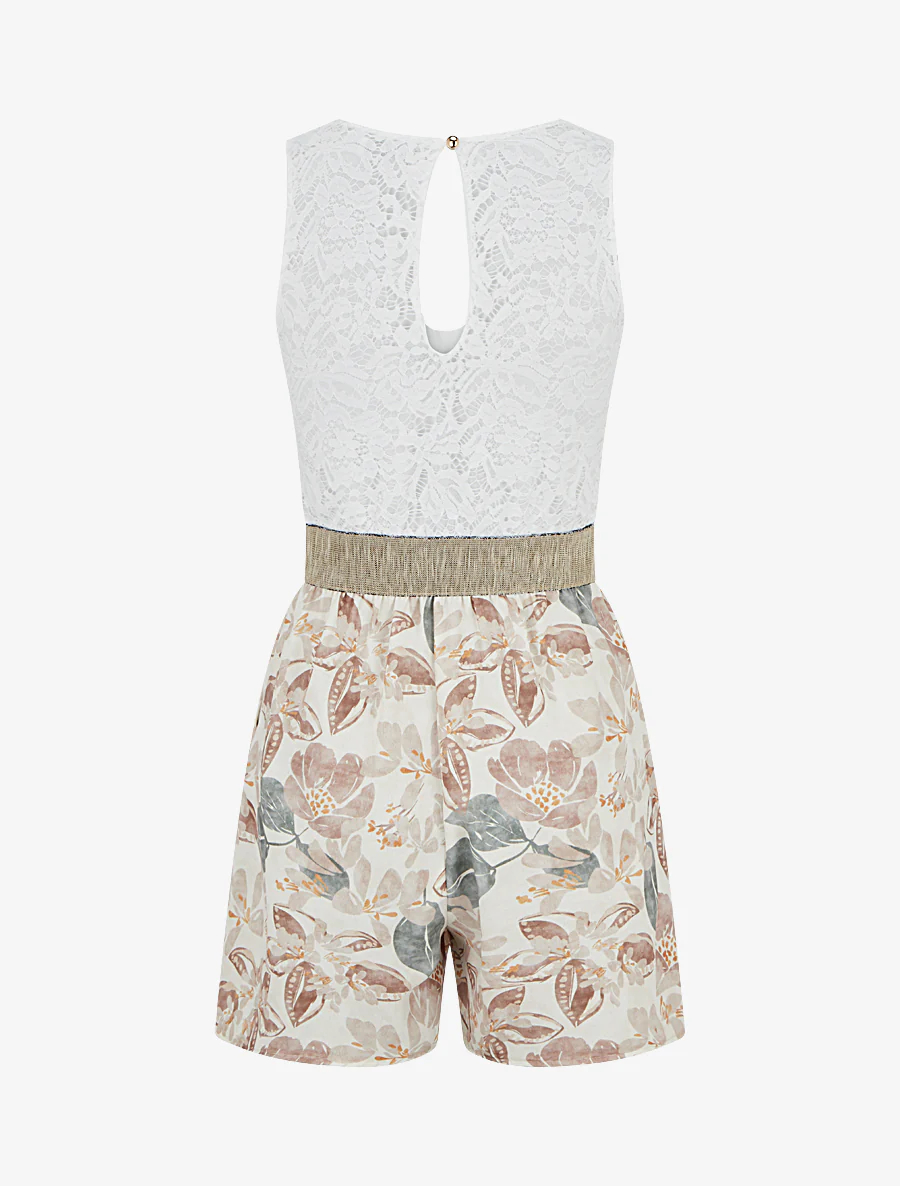 Combishort à dentelle et imprimé fleuri - Beige - Image 2
