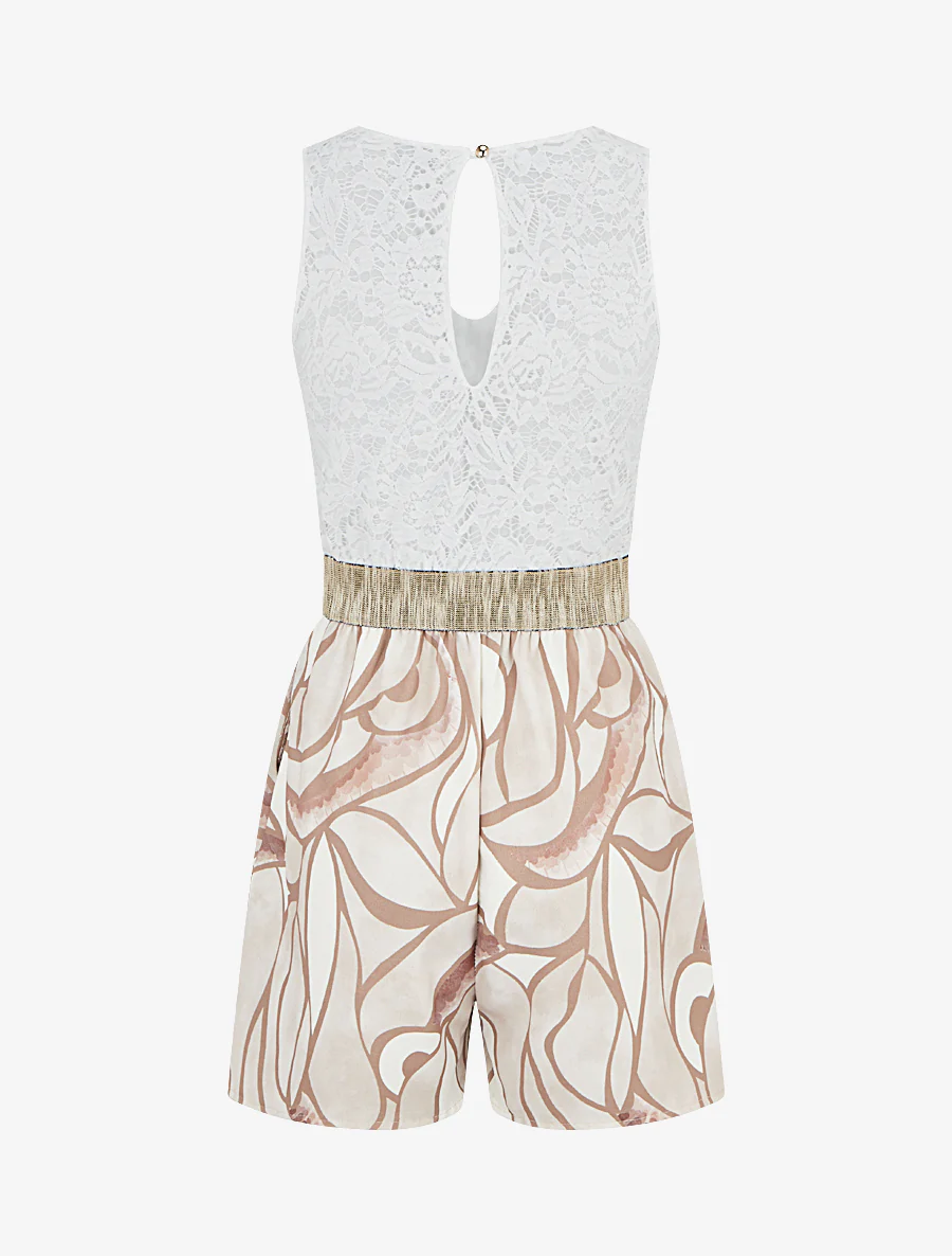 Combishort à dentelle et imprimé graphique - Beige - Image 2