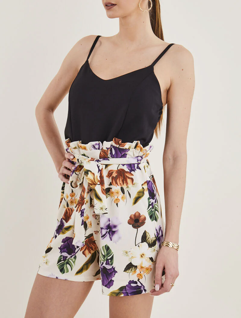 Combishort à imprimé fleuri - beige
