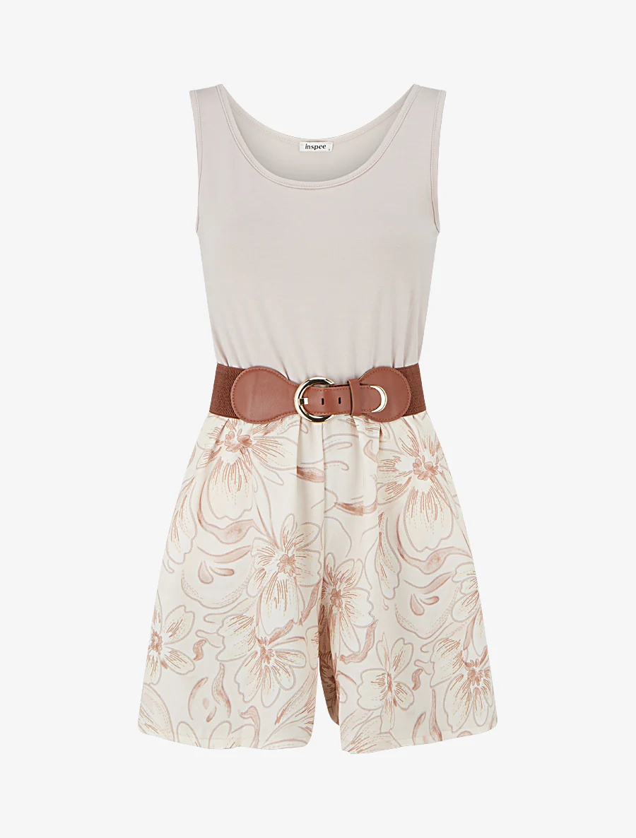 Combishort ceinturé à imprimé floral - Taupe