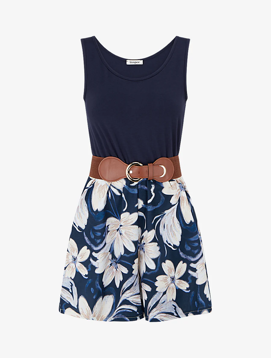 Combishort ceinturé à imprimé floral - Marine