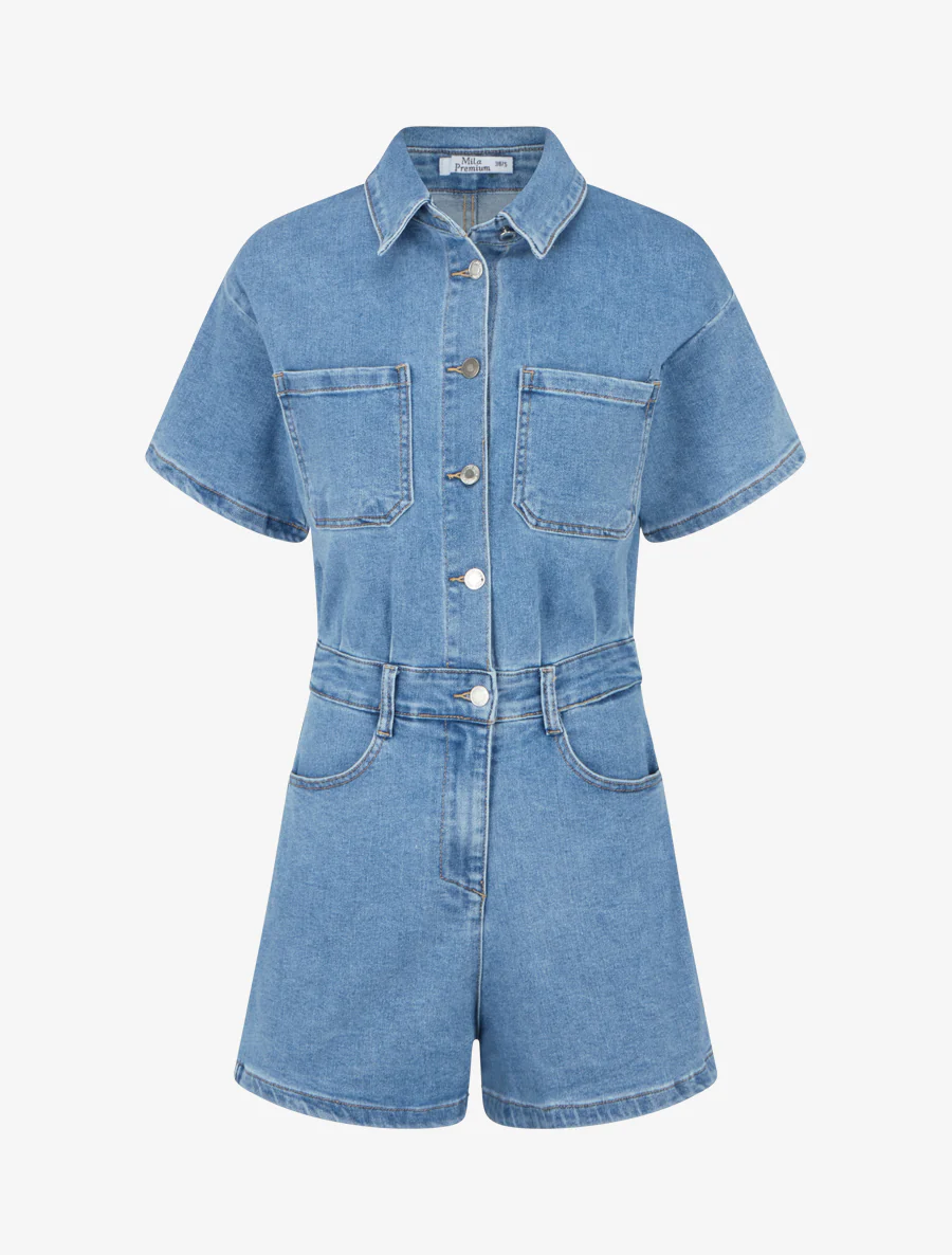 Combishort en jean manches courtes - Bleu