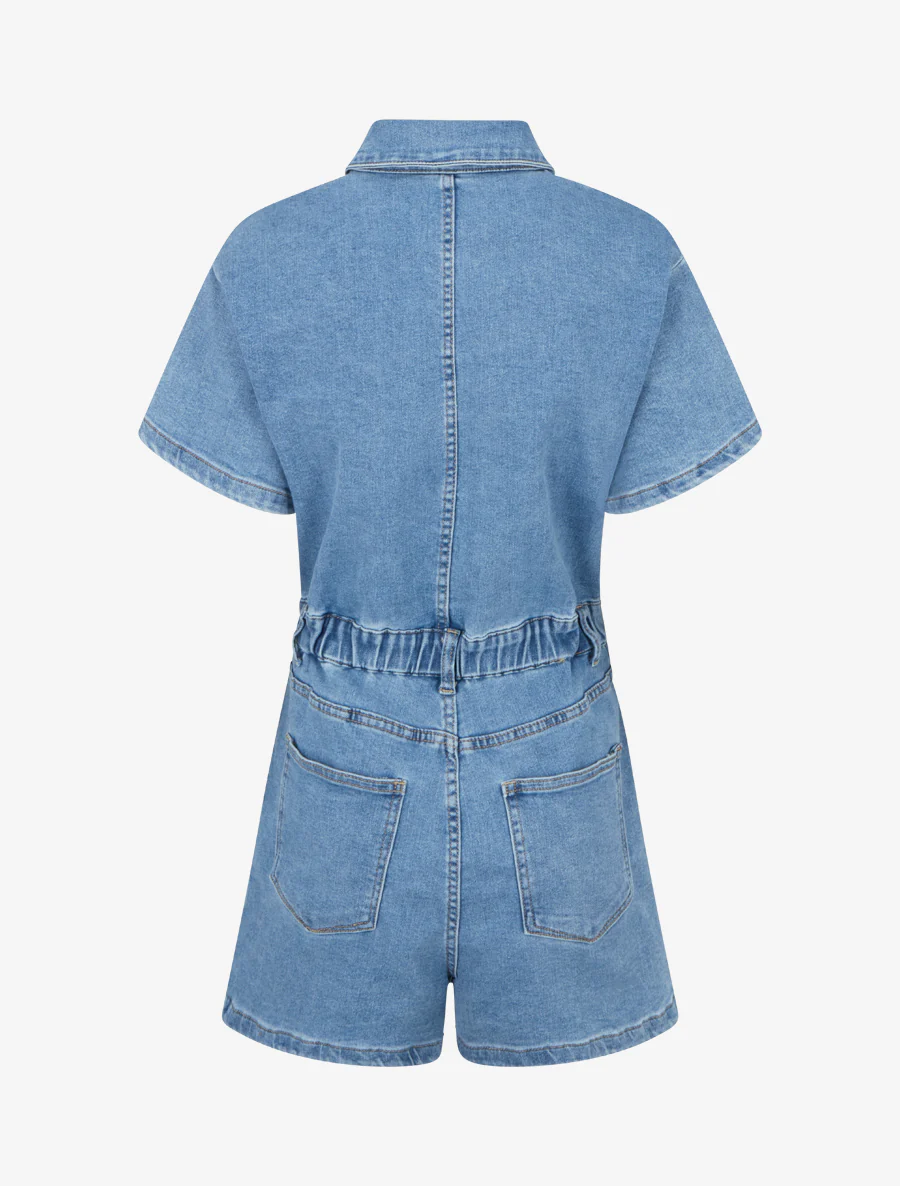 Combishort en jean manches courtes - Bleu - Image 2