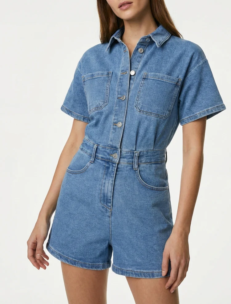 Combishort en jean manches courtes - Bleu - Image 4