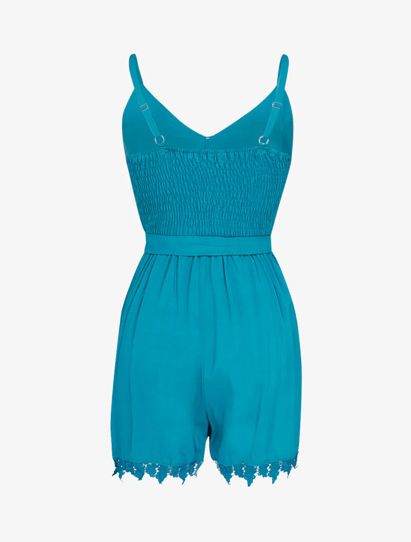 Combishort fluide en coton à bord dentelle - turquoise - Image 2