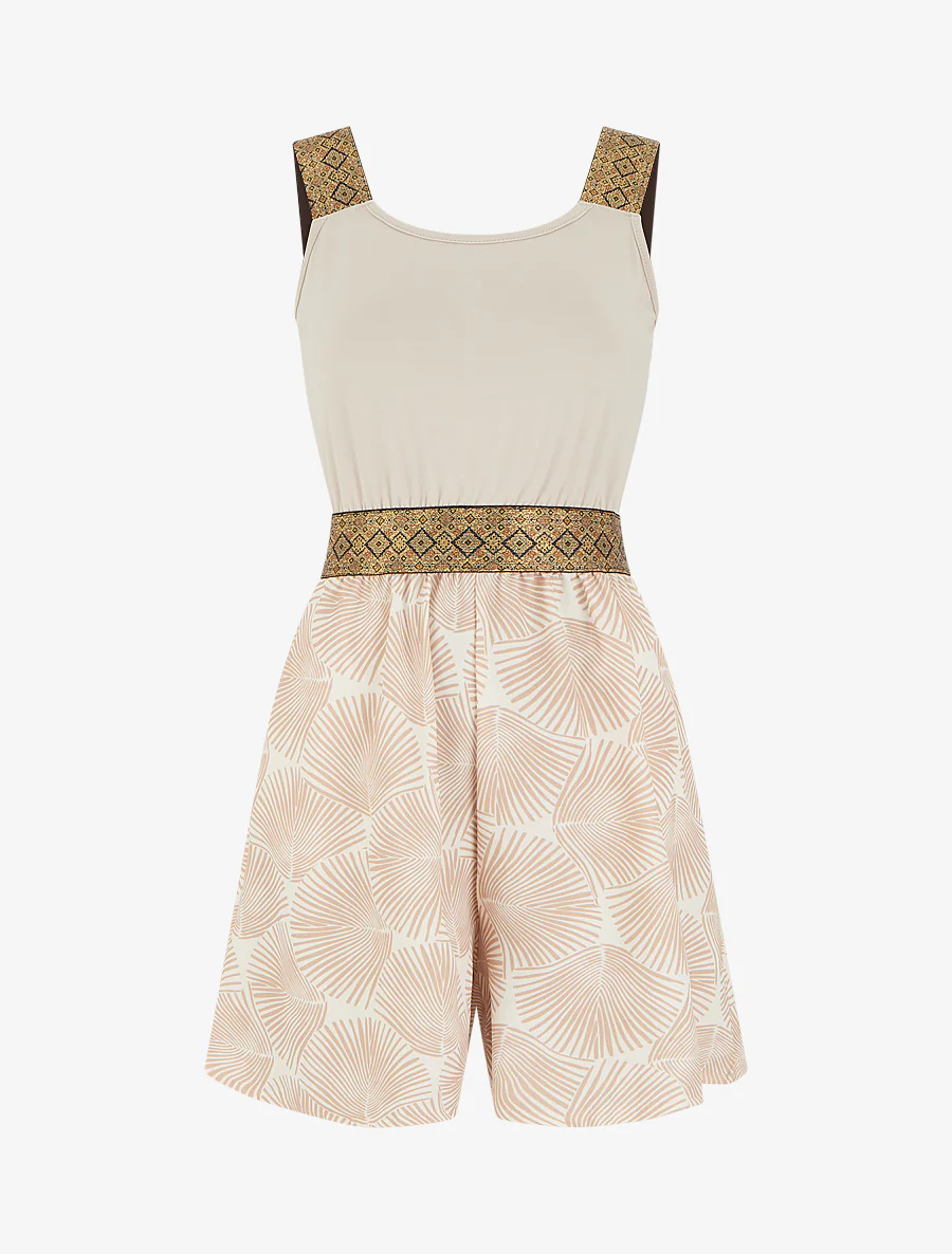Combishort imprimé feuilles à bretelles fantaisies - Beige
