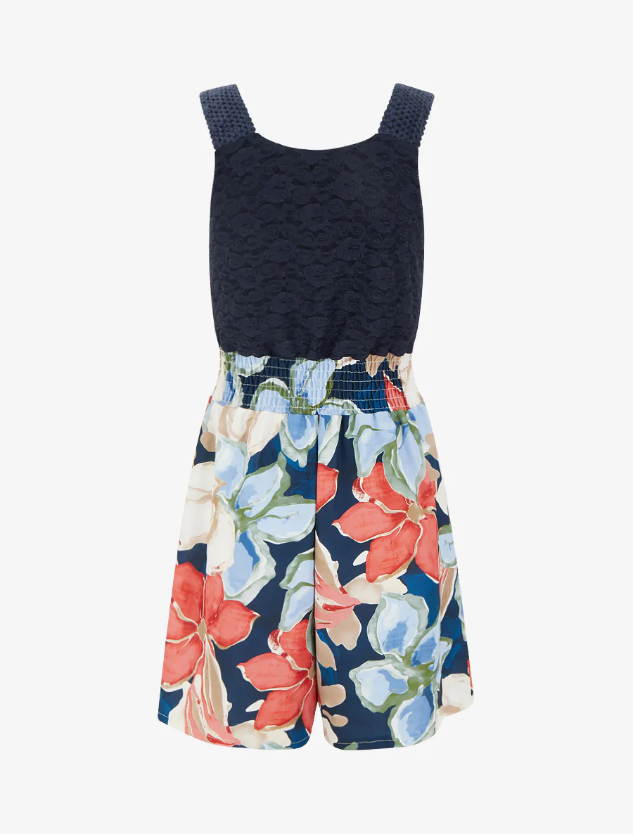 Combishort imprimé fleurs tropicales à bustier en dentelle - Marine - Image 2