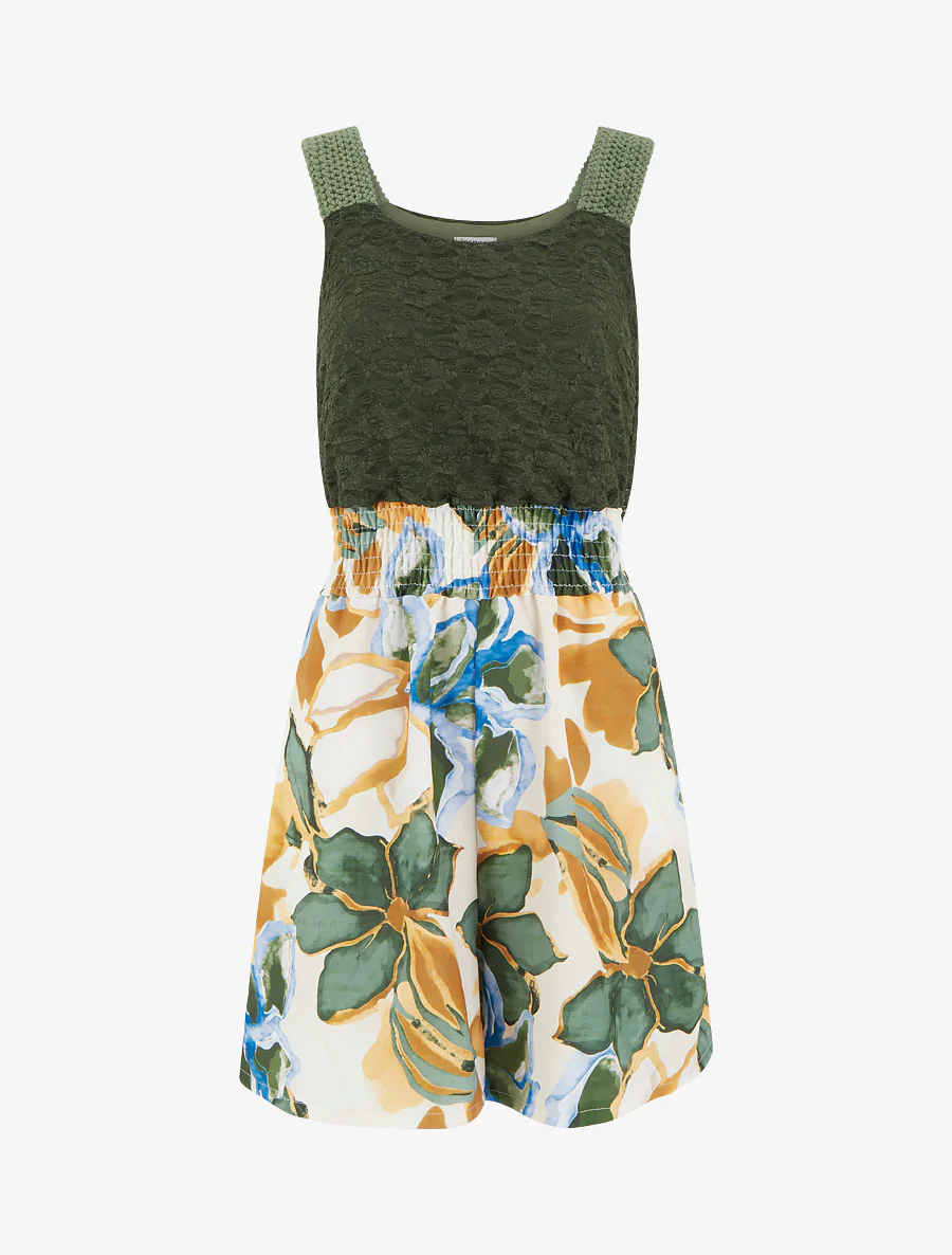 Combishort imprimé fleurs tropicales à bustier en dentelle - Kaki