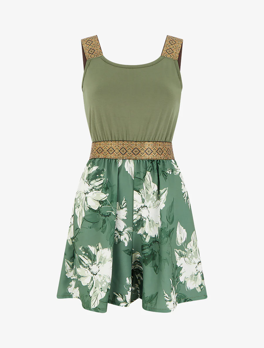 Combishort imprimé floral à bretelles fantaisies - Kaki