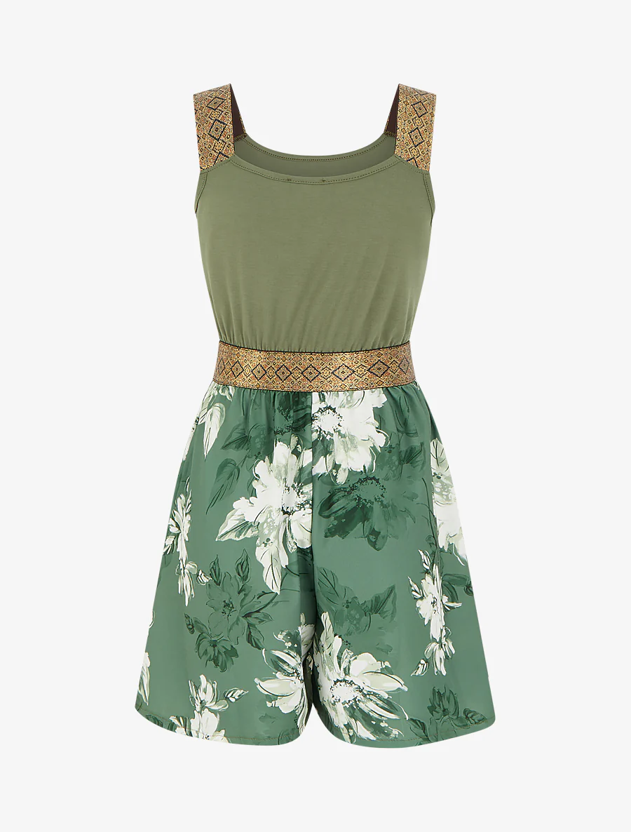 Combishort imprimé floral à bretelles fantaisies - Kaki - Image 2