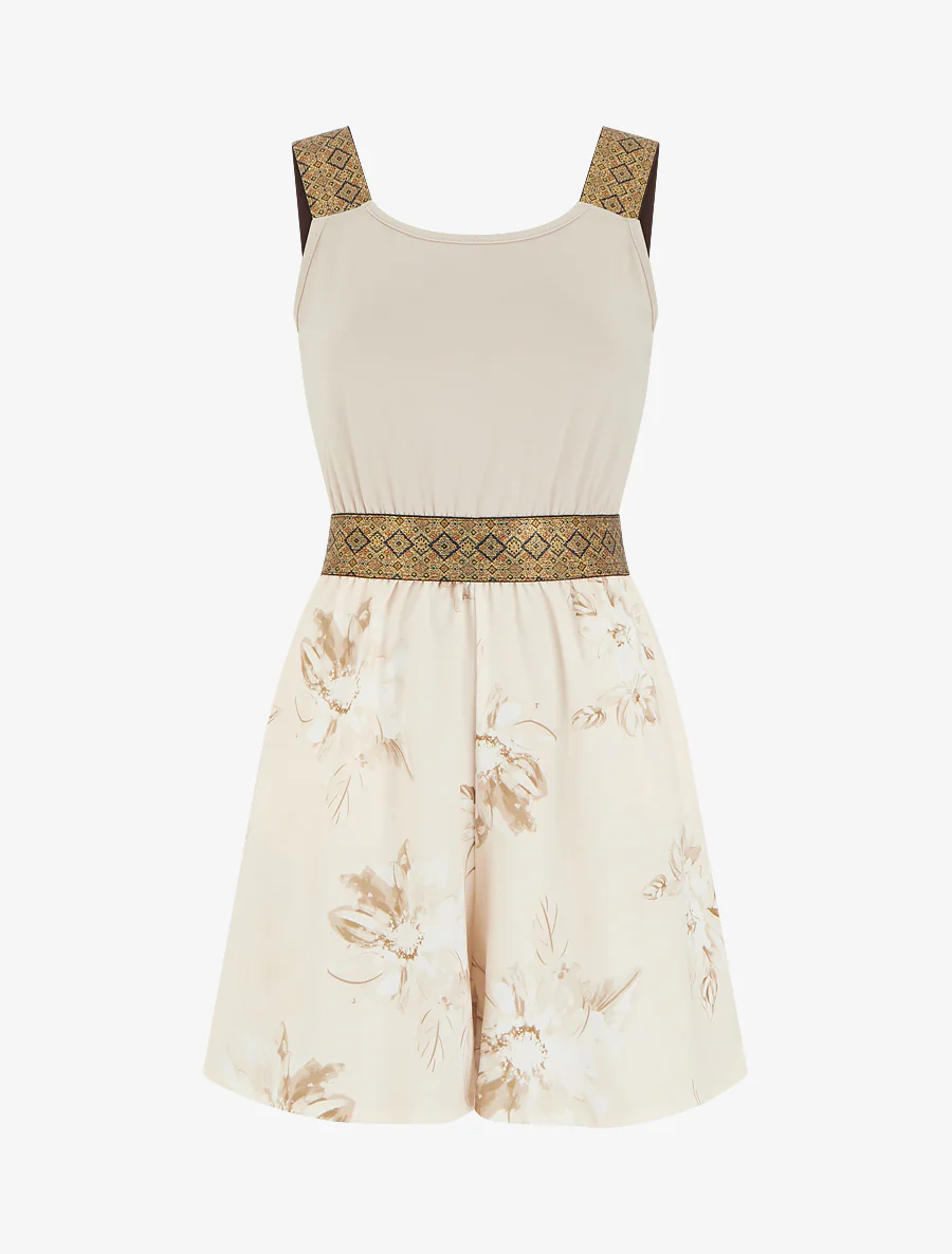 Combishort imprimé floral à bretelles fantaisies - Taupe