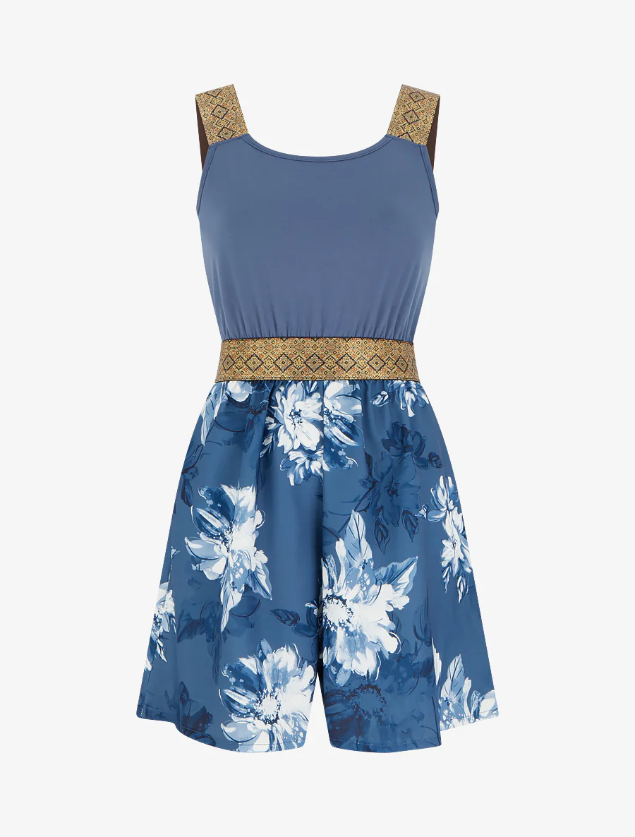Combishort imprimé floral à bretelles fantaisies - Bleu
