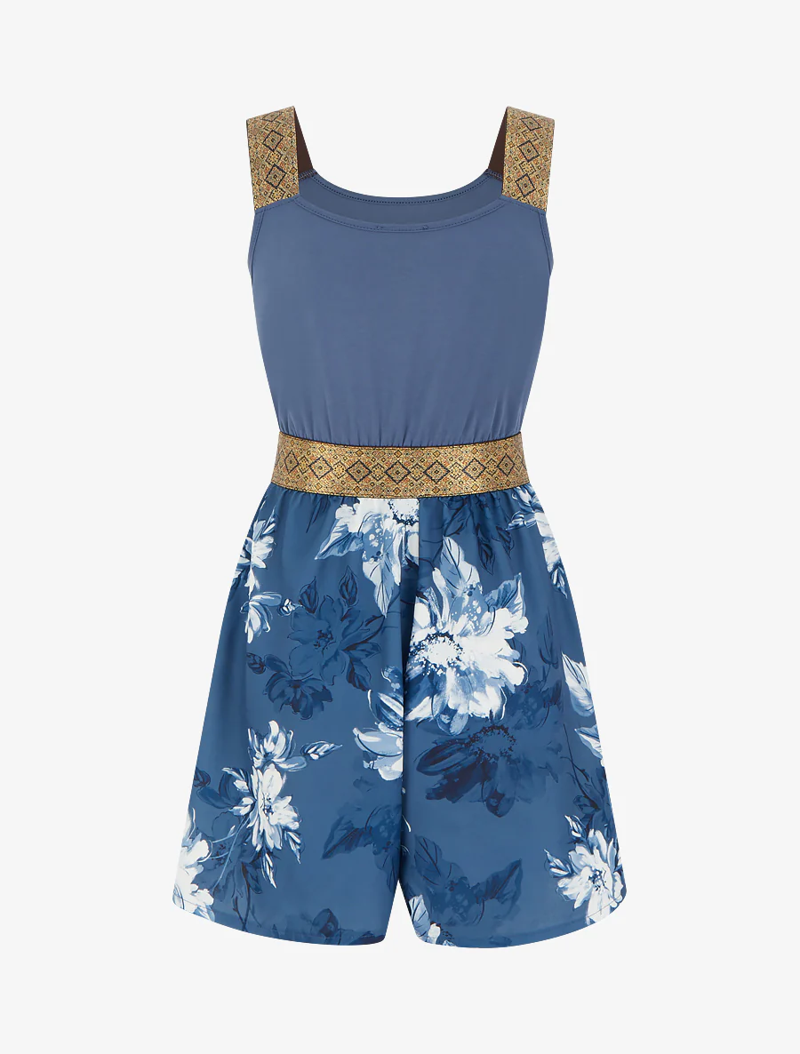 Combishort imprimé floral à bretelles fantaisies - Bleu - Image 2
