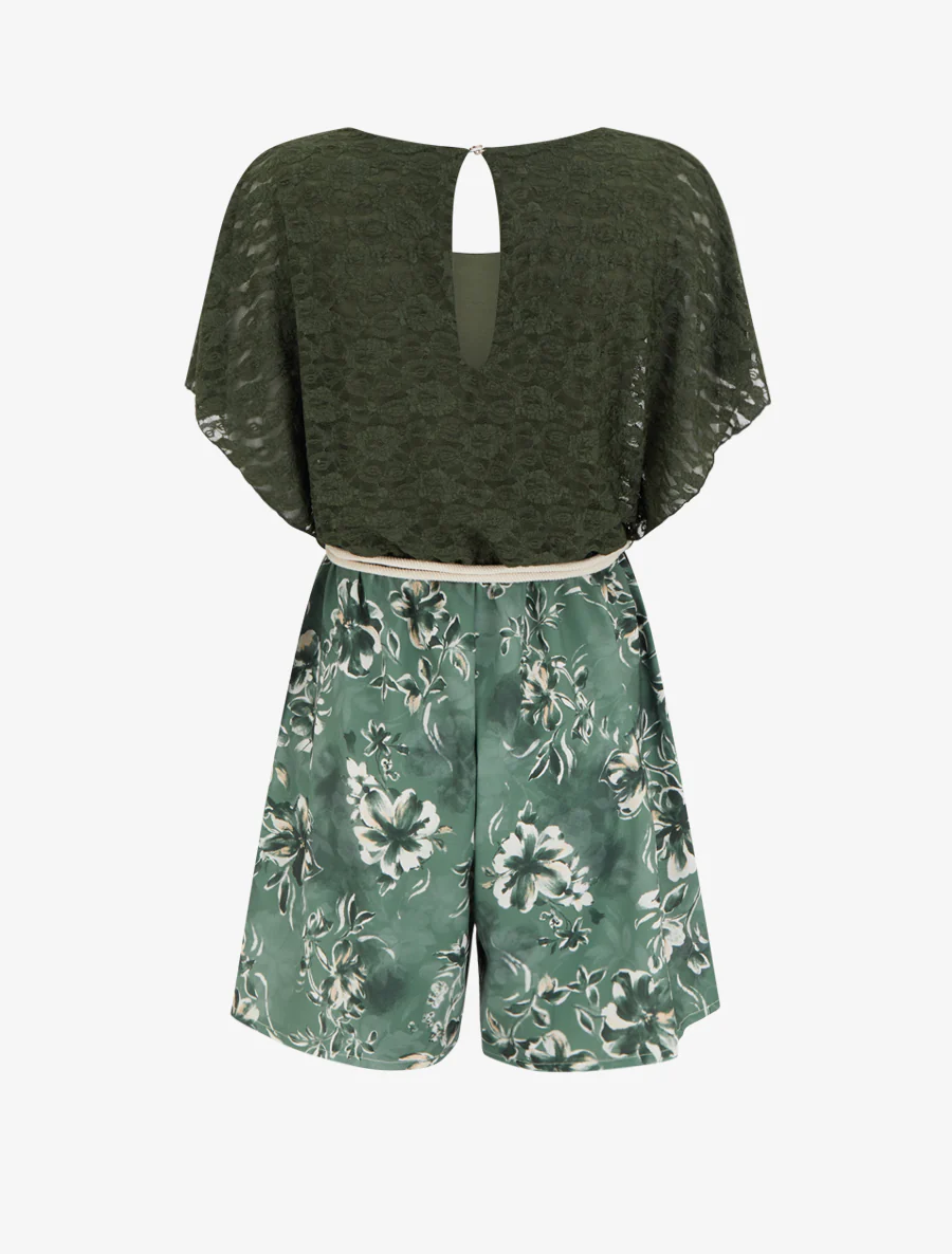 Combishort imprimé floral à buste en dentelle - Kaki - Image 2