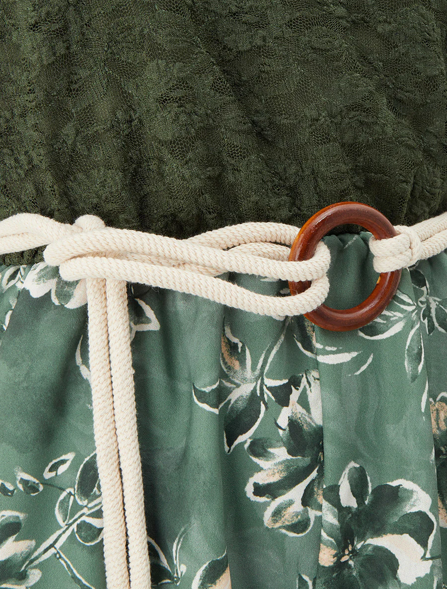 Combishort imprimé floral à buste en dentelle - Kaki - Image 3