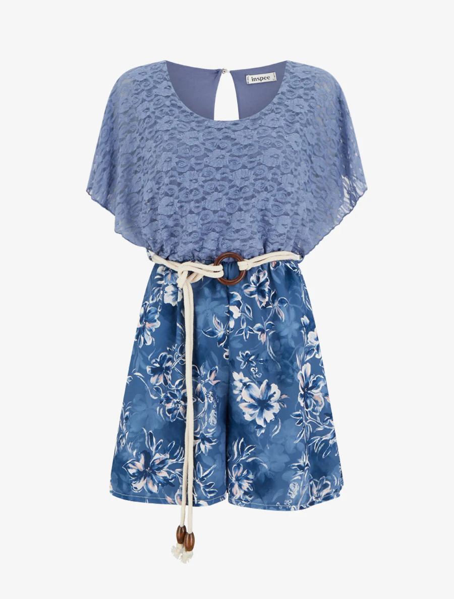 Combishort imprimé floral à buste en dentelle - Bleu