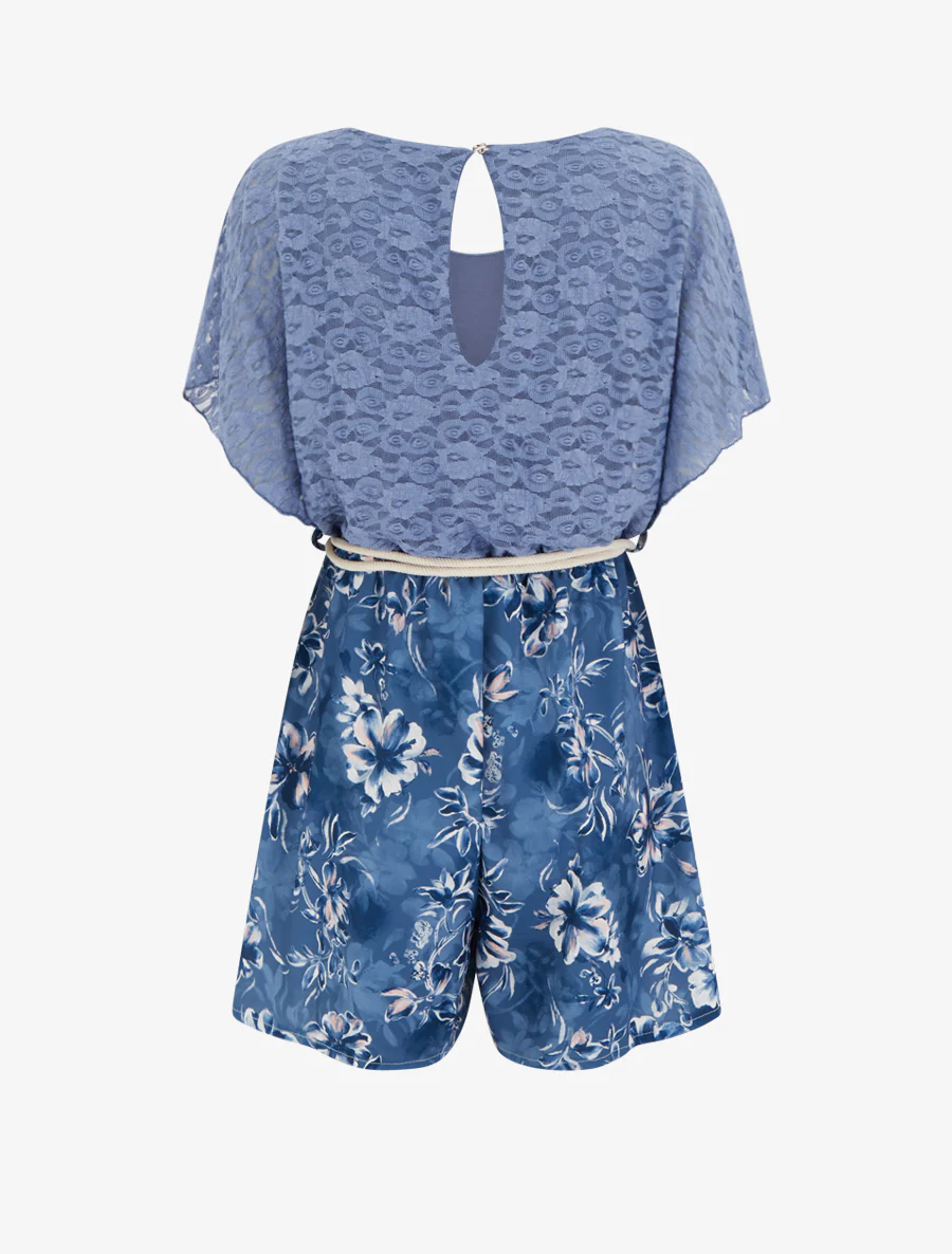 Combishort imprimé floral à buste en dentelle - Bleu - Image 2