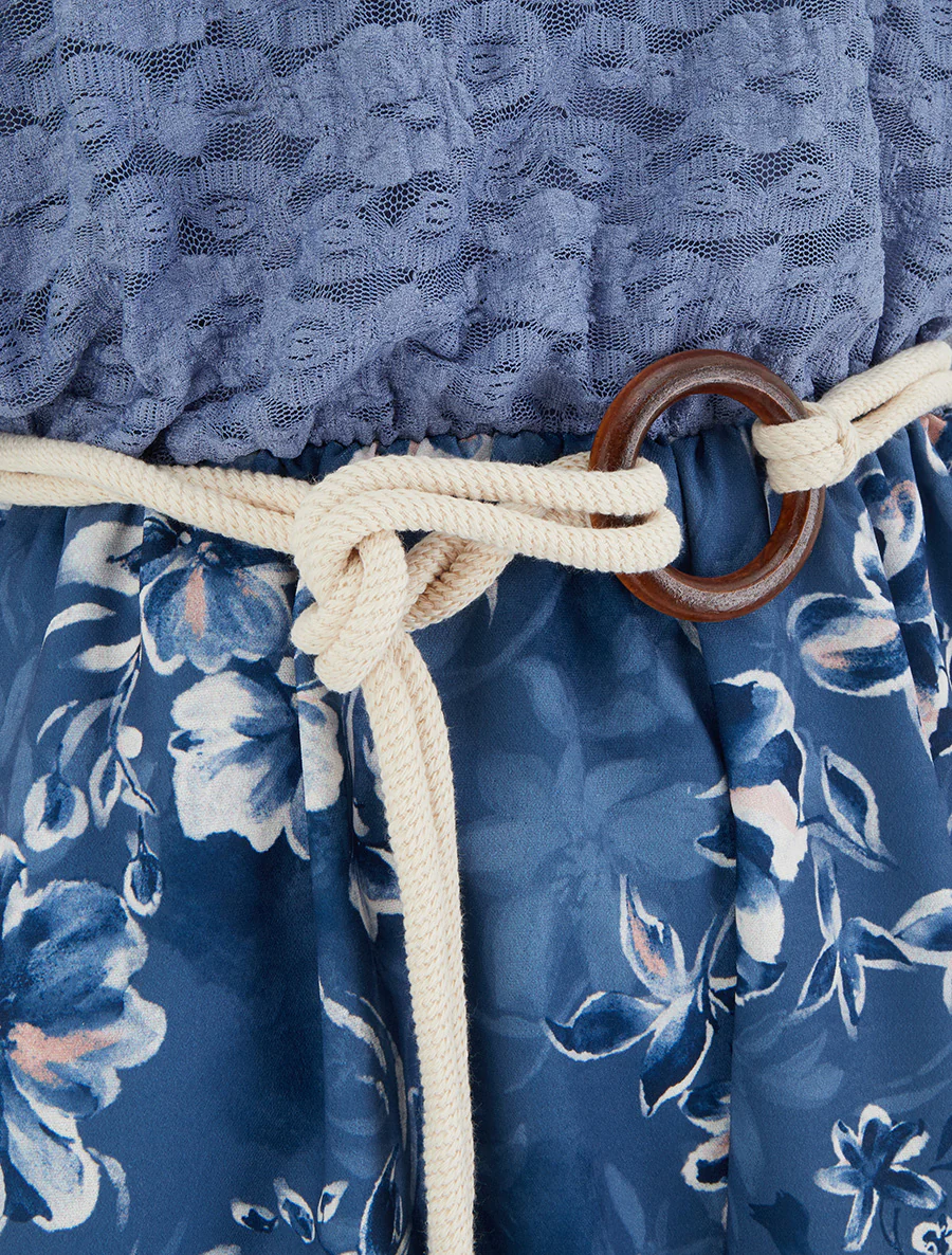 Combishort imprimé floral à buste en dentelle - Bleu - Image 3