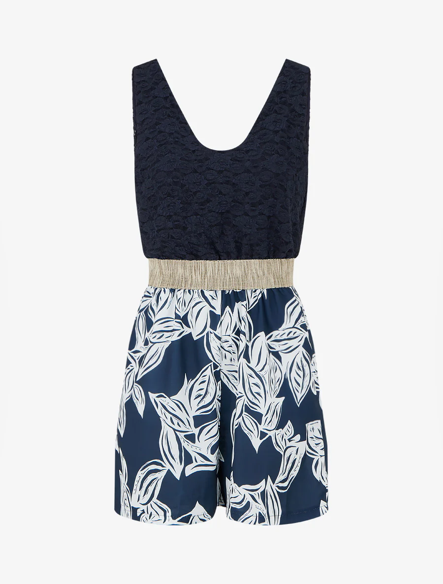 Combishort imprimé floral à buste en dentelle - Marine
