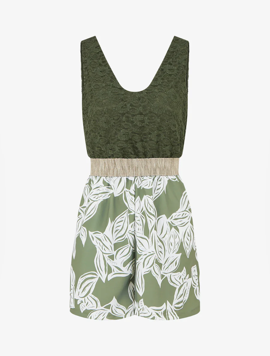 Combishort imprimé floral à buste en dentelle - Kaki