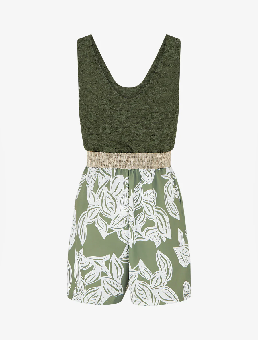 Combishort imprimé floral à buste en dentelle - Kaki - Image 2