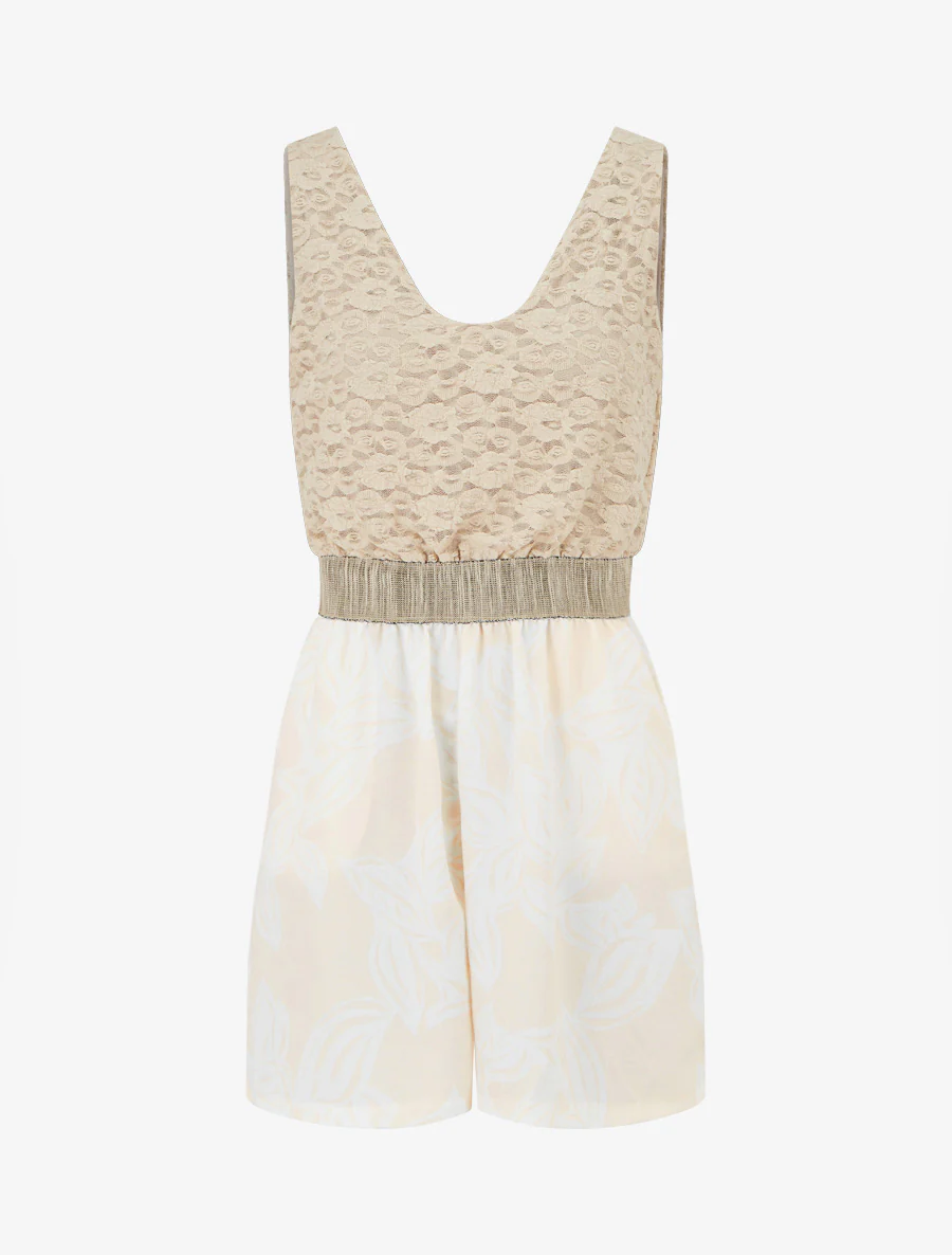Combishort imprimé floral à buste en dentelle - Beige