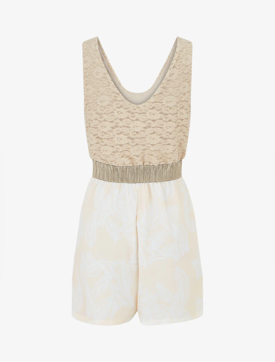 Combishort imprimé floral à buste en dentelle - Beige - Image 2