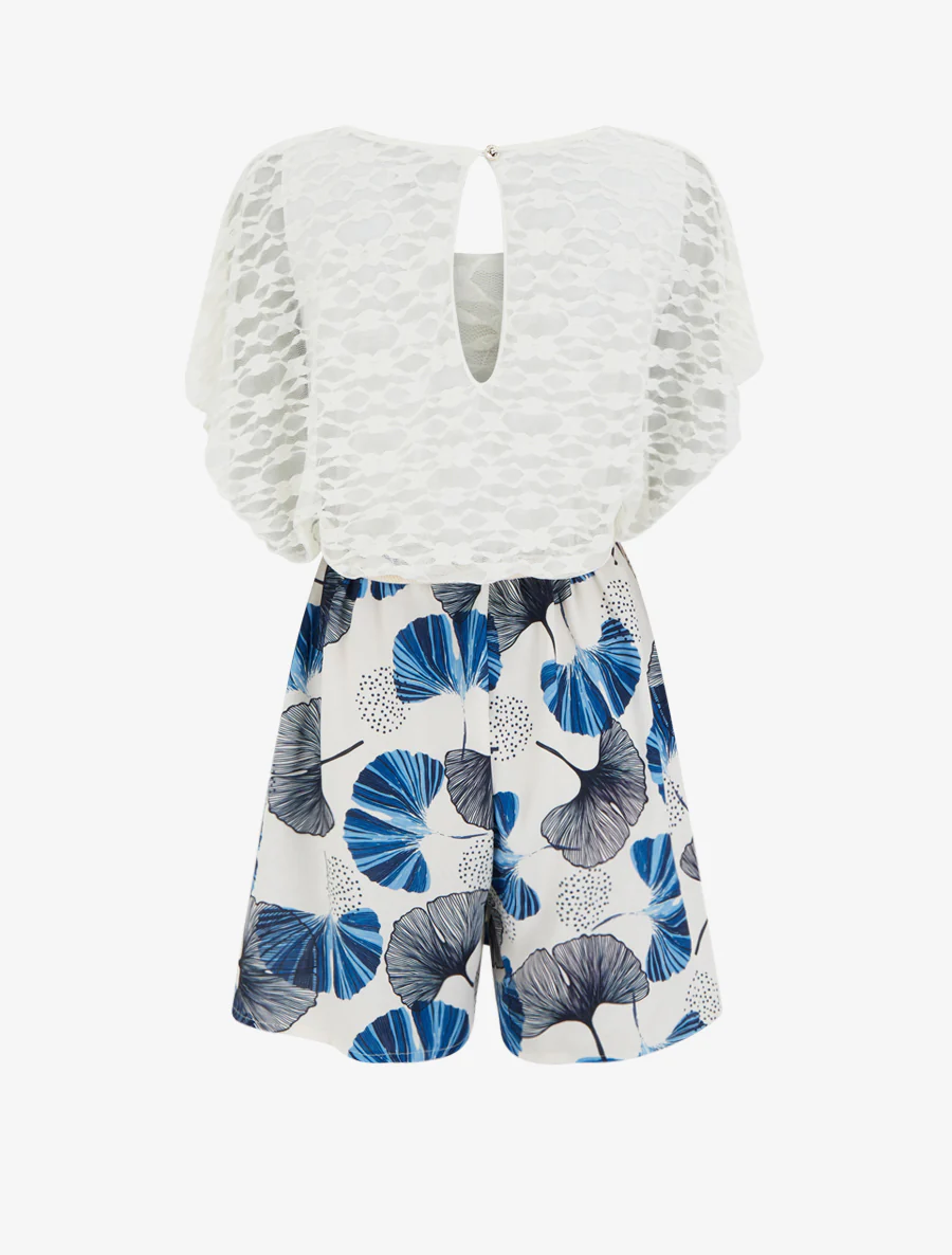 Combishort imprimé ginko à buste en dentelle - Marine - Image 2