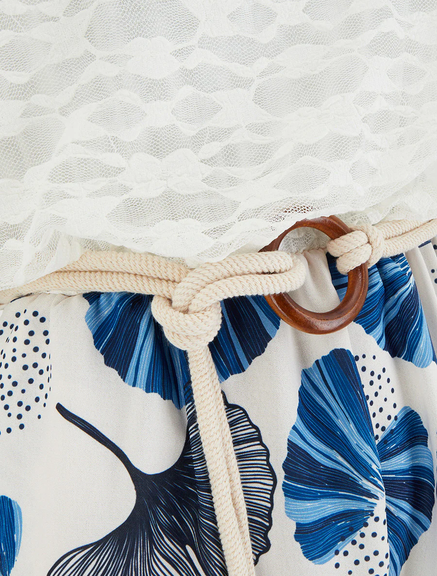 Combishort imprimé ginko à buste en dentelle - Marine - Image 3