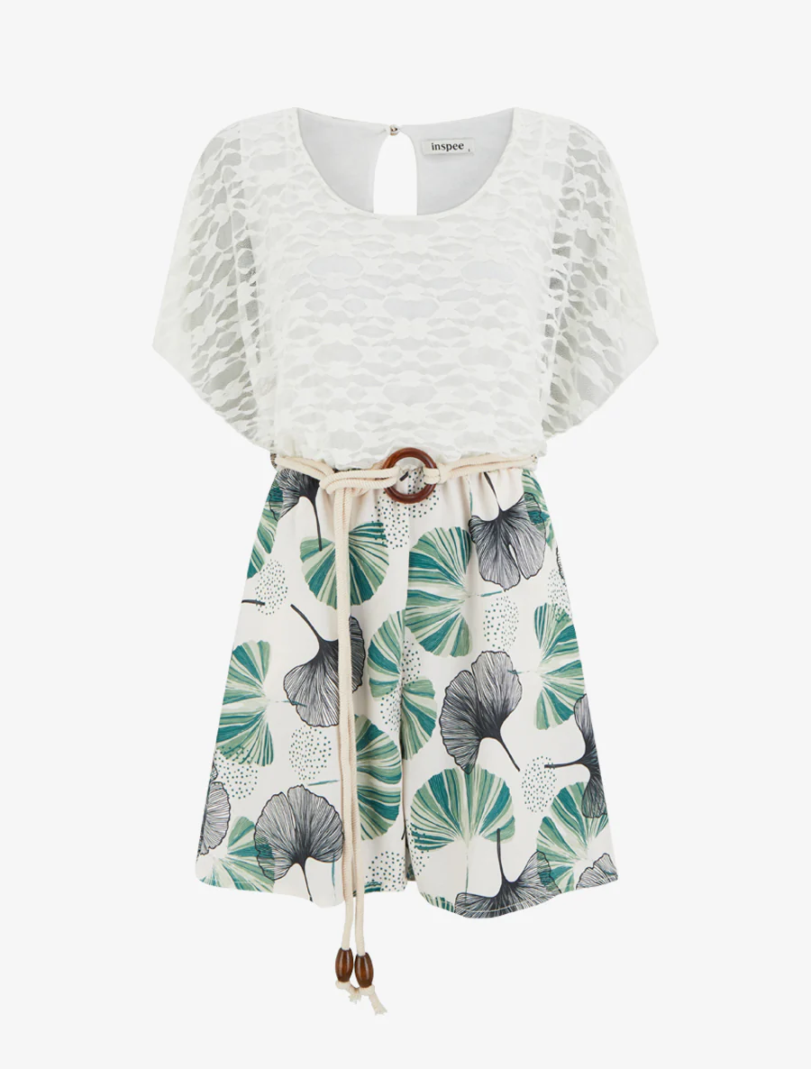 Combishort imprimé ginko à buste en dentelle - Vert