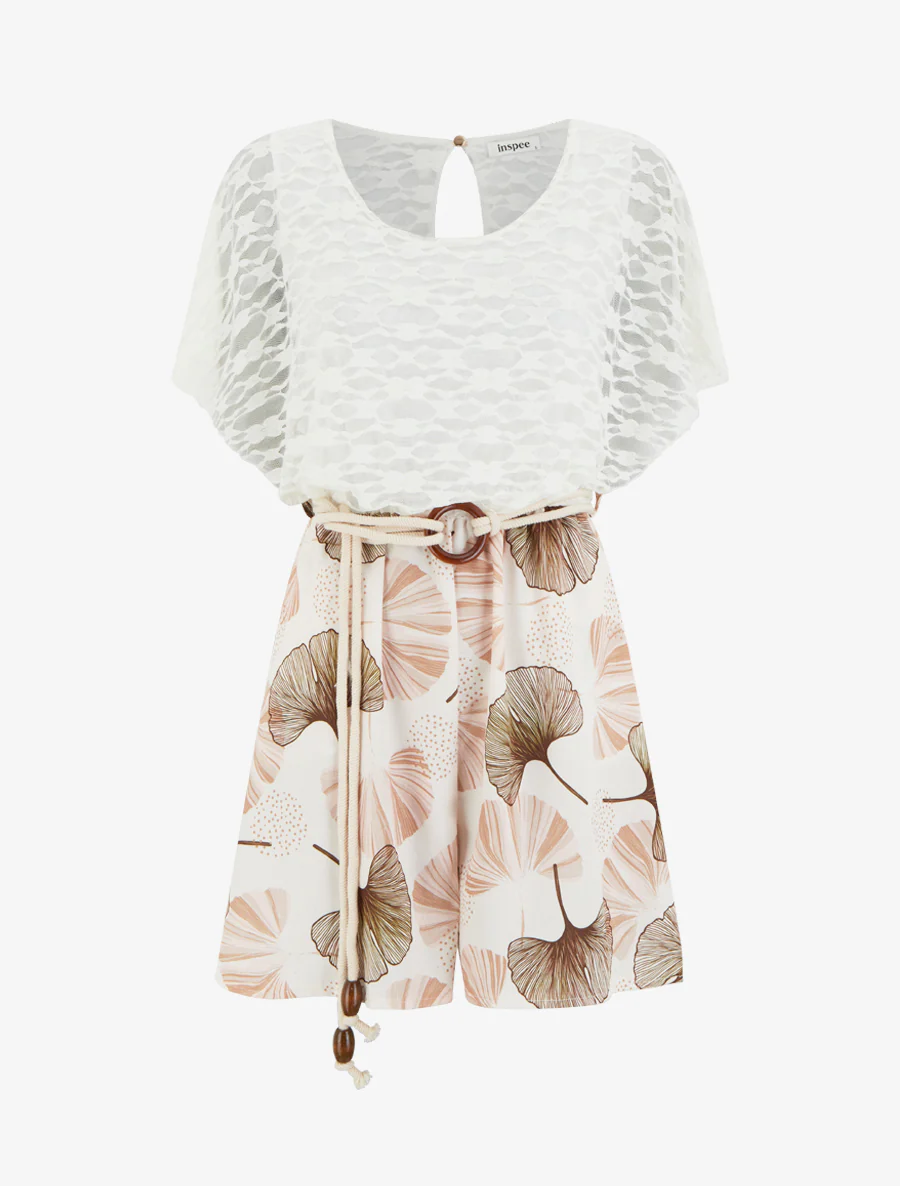 Combishort imprimé ginko à buste en dentelle - Camel