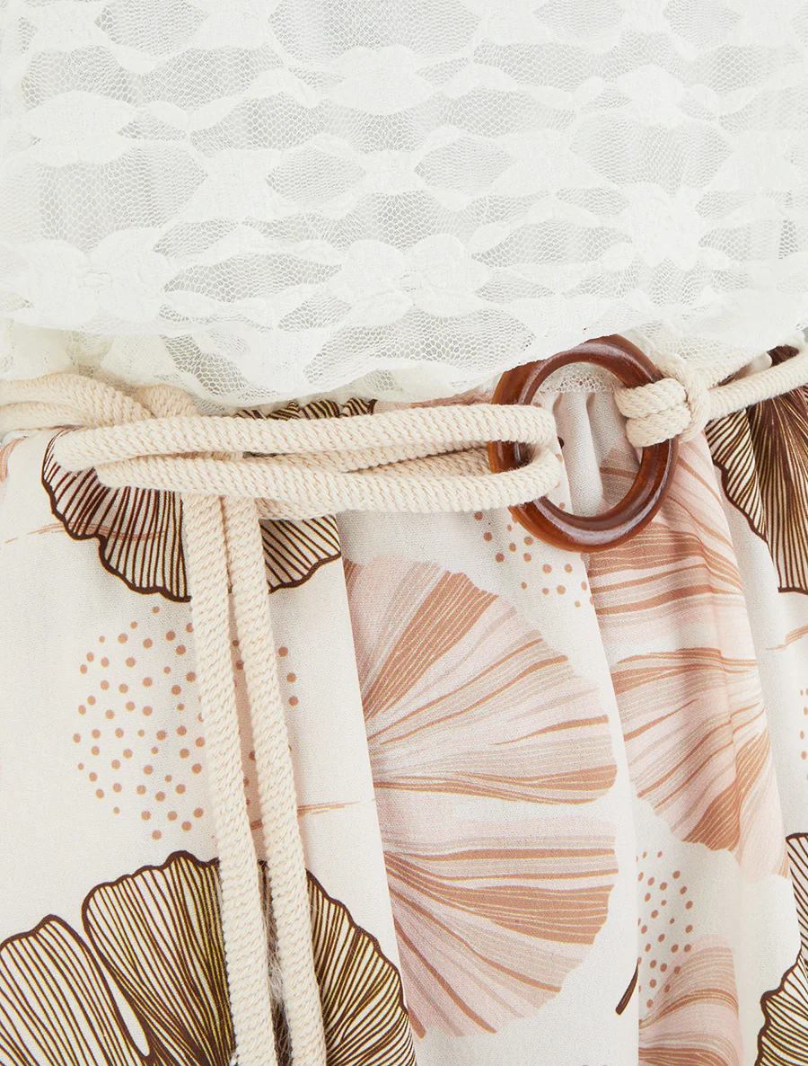 Combishort imprimé ginko à buste en dentelle - Camel - Image 3