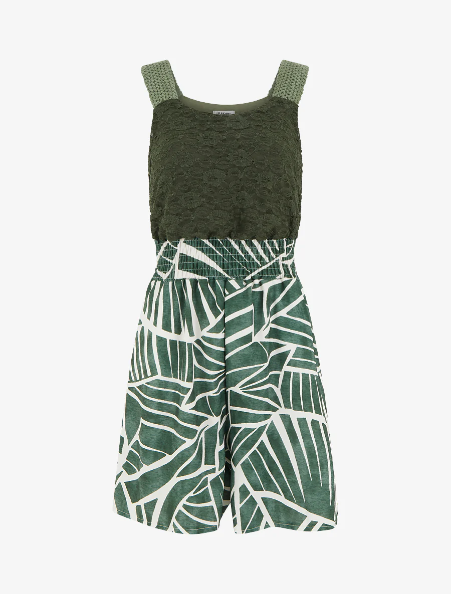 Combishort imprimé graphique à bustier en dentelle - Kaki