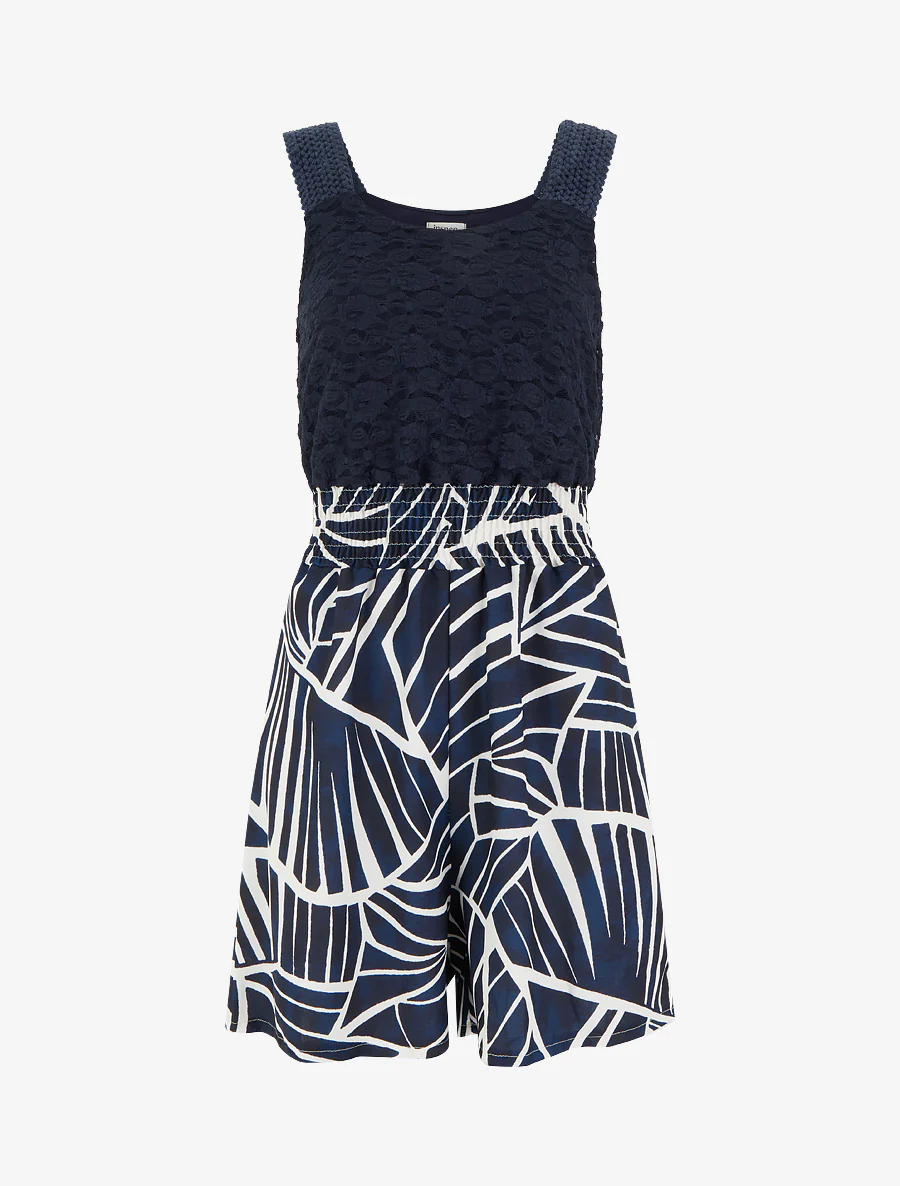 Combishort imprimé graphique à bustier en dentelle - Marine
