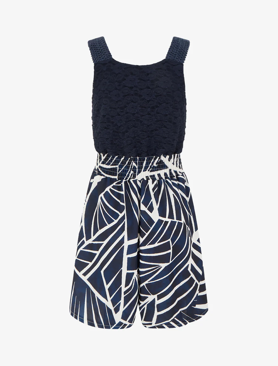Combishort imprimé graphique à bustier en dentelle - Marine - Image 2