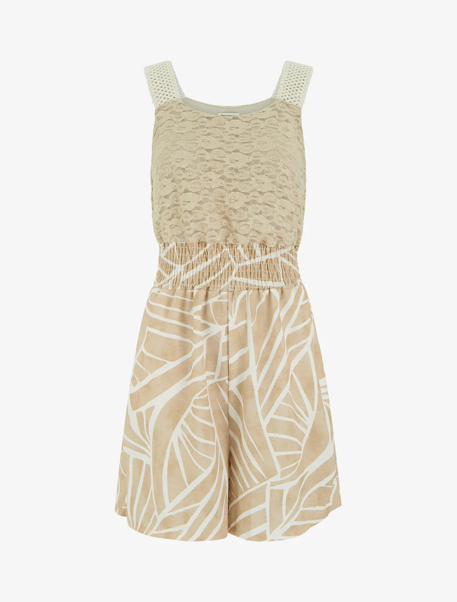 Combishort imprimé graphique à bustier en dentelle - Beige