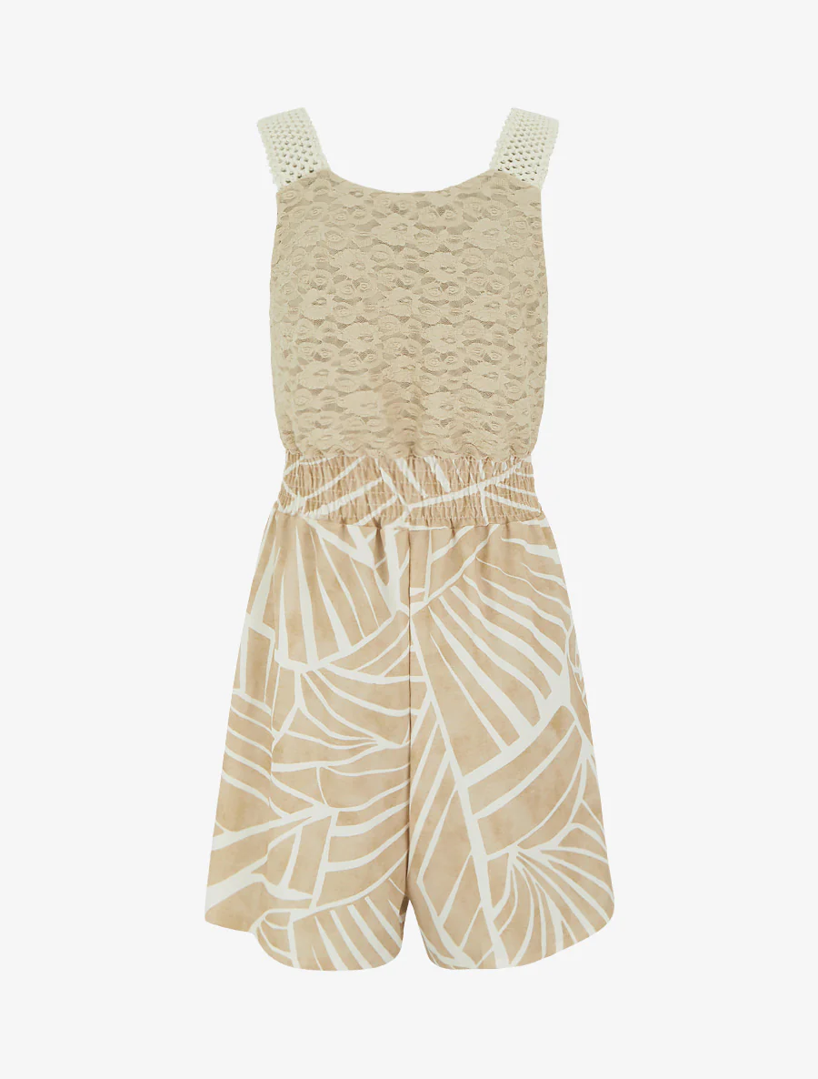 Combishort imprimé graphique à bustier en dentelle - Beige - Image 2
