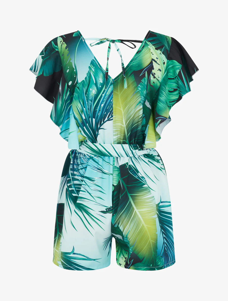 Combishort imprimé tropical à épaules volantées - Noir - Image 2