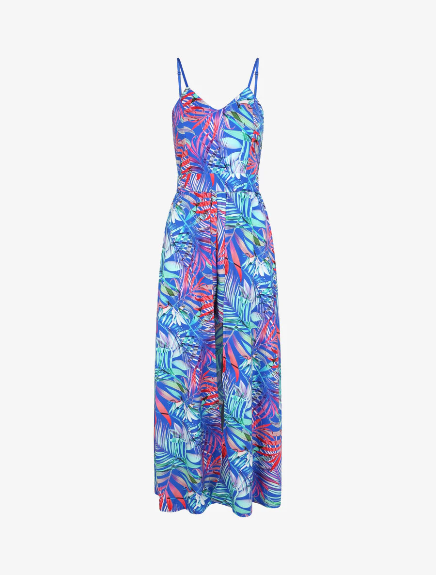 Combishort trompe l'oeil imprimé feuilles tropicales - Bleu roi