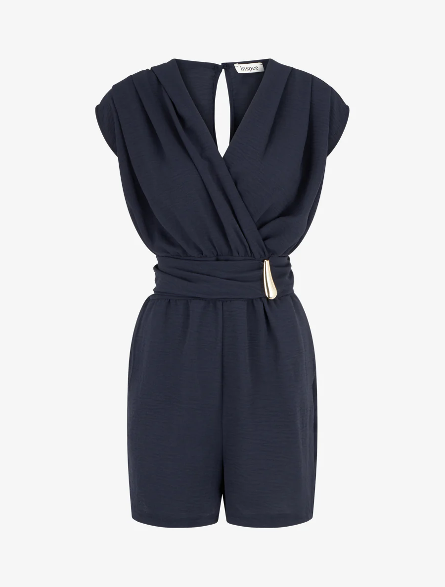 Combishort uni à empiècement bijou à la taille - Marine
