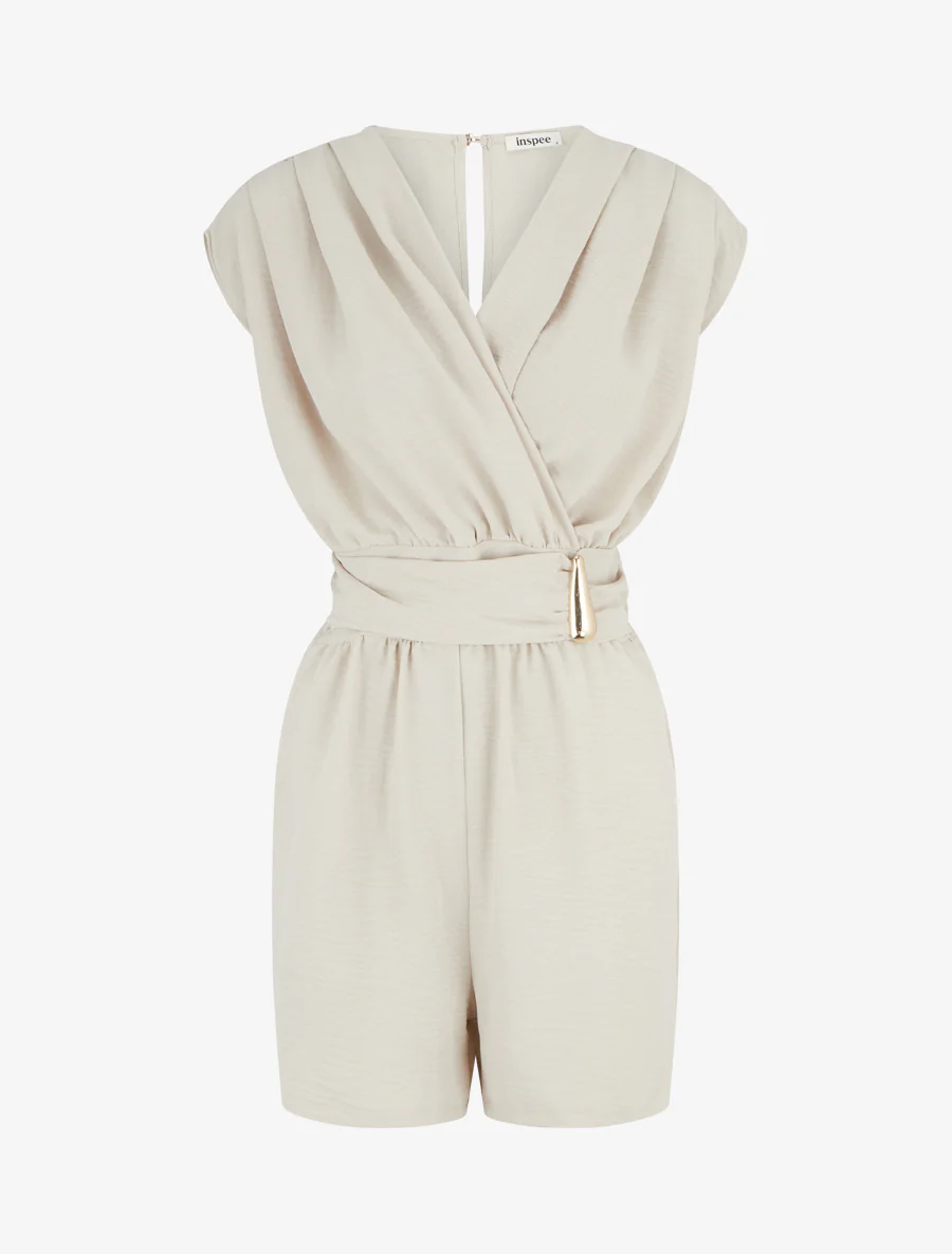 Combishort uni à empiècement bijou à la taille - Beige