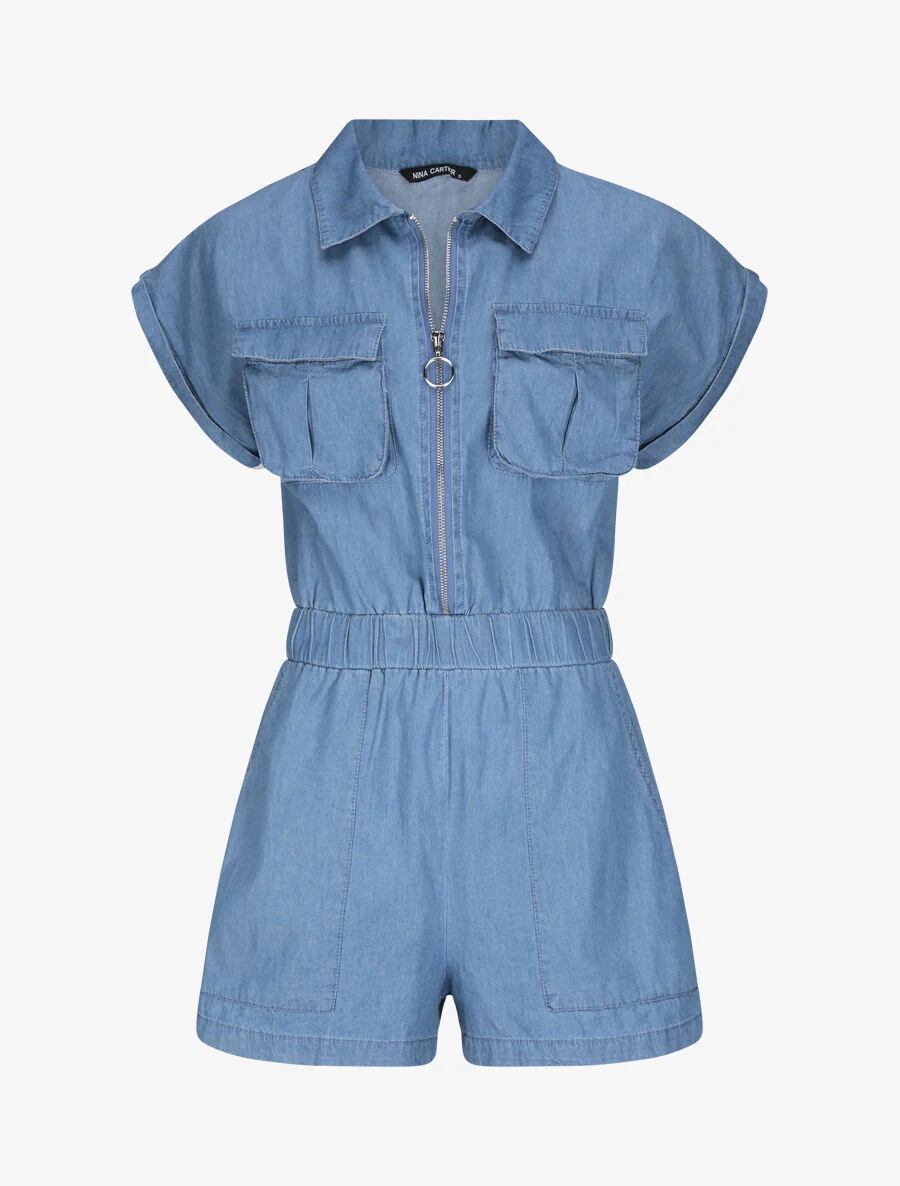 Combishort unie en denim à manches courtes - Bleu
