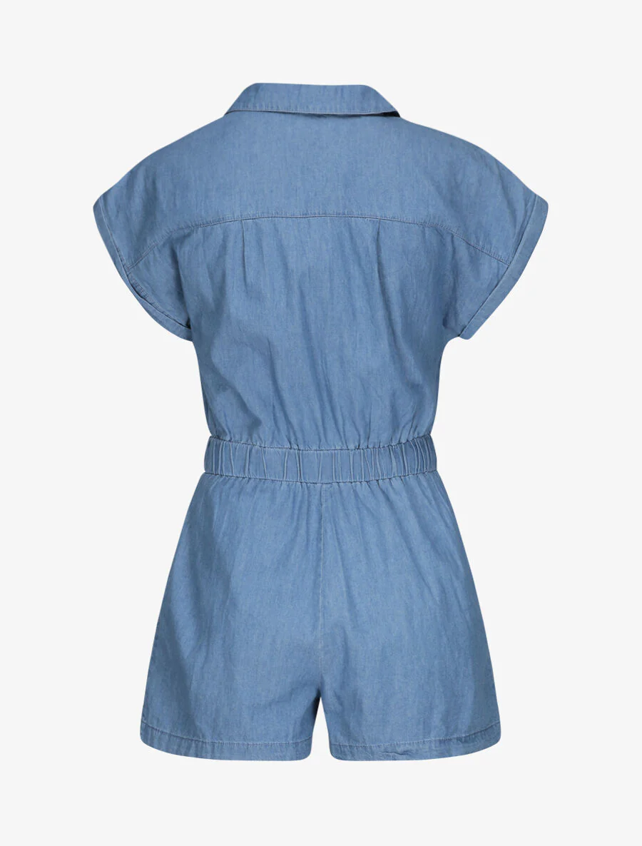 Combishort unie en denim à manches courtes - Bleu - Image 2