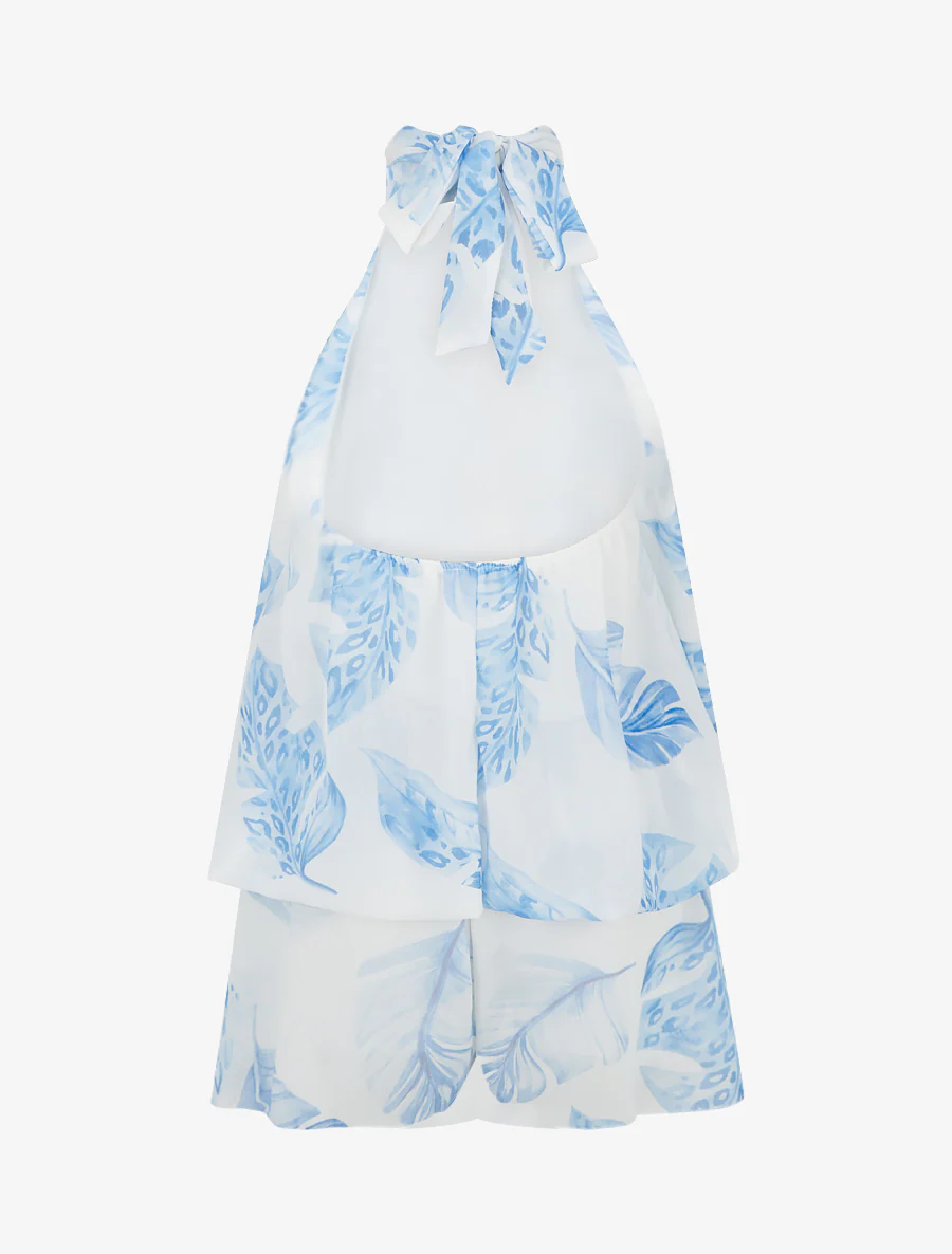 Combishort volanté imprimé feuilles à dos nu - Bleu - Image 3