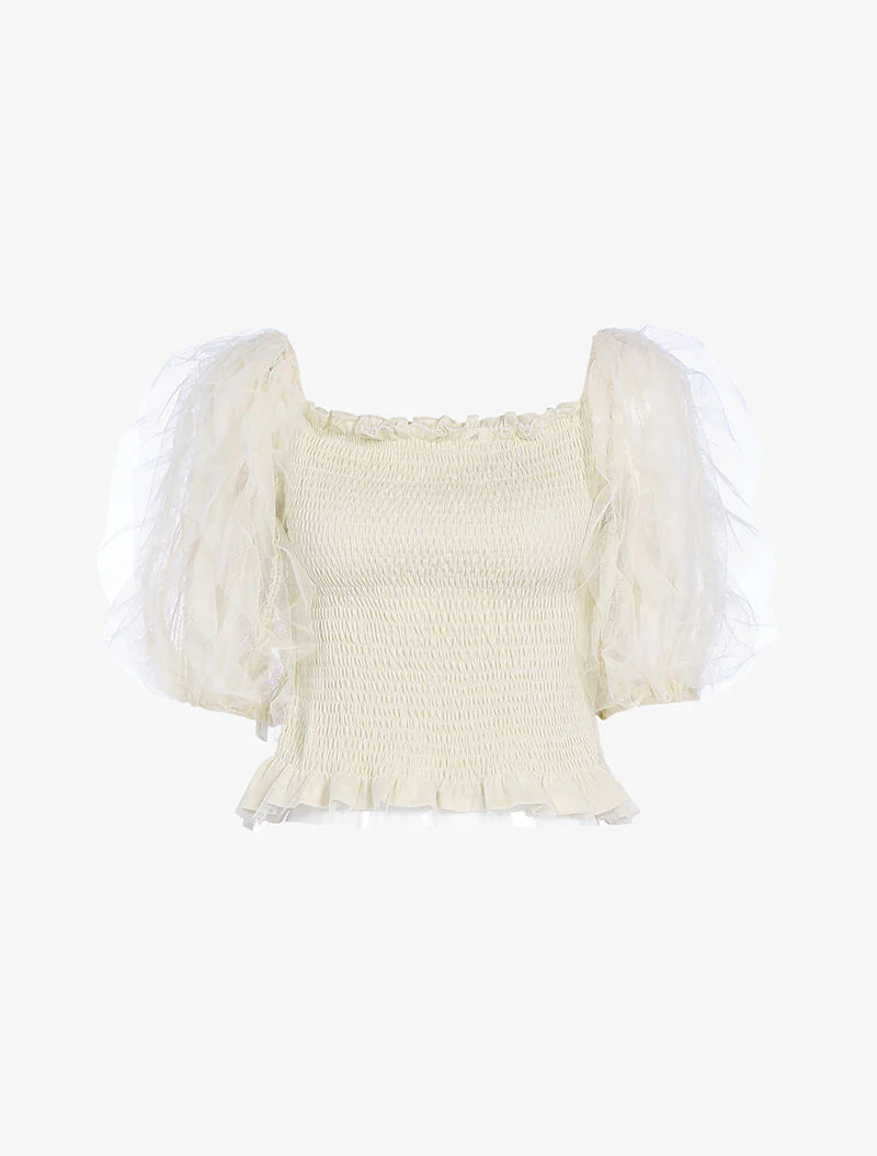 Crop top à manches bouffantes volantées - beige